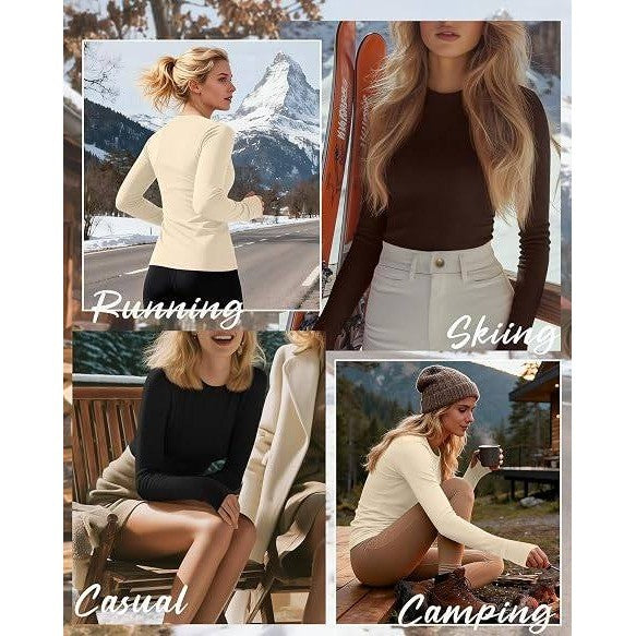 Set of 2 Huukeay Women's S Beige, Black Thermal Shirts with Thumb Holes Long