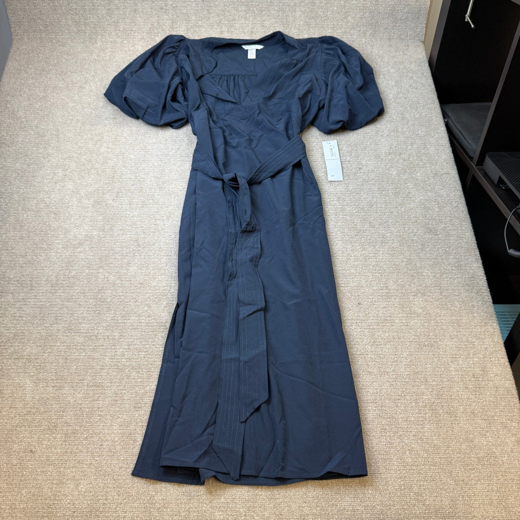 MSRP $89 London Times Womens L Navy Midi V Neck Elbow Sleeve Shift Dress
