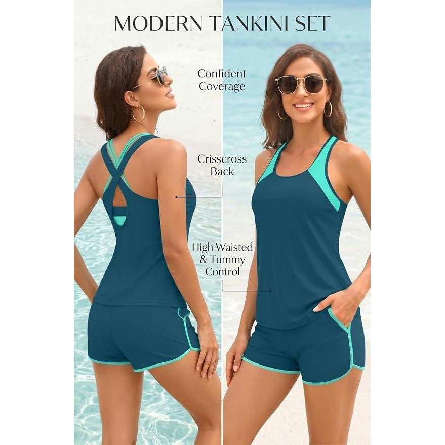 MSRP $41 Daci Women's L 3 Piece Tankini Swimsuit Tummy Control with Bra Pocket