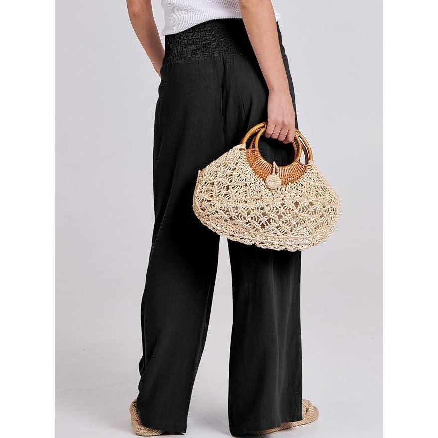 MSRP $36 ANRABESS Women's M Linen Palazzo Wide Leg Pants with Pockets Smocked