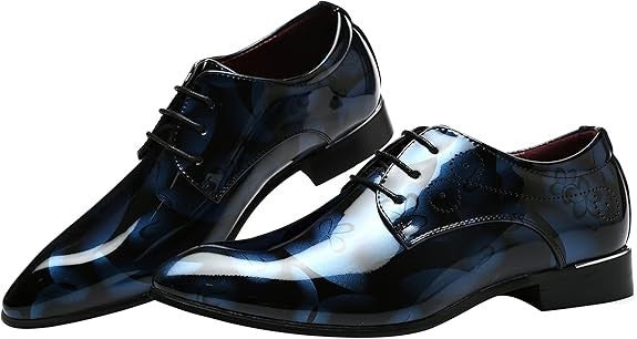 Santimon Men's US 9.5 - 12 Blue Floral Printed Patent Leather Dress Oxford Shoes