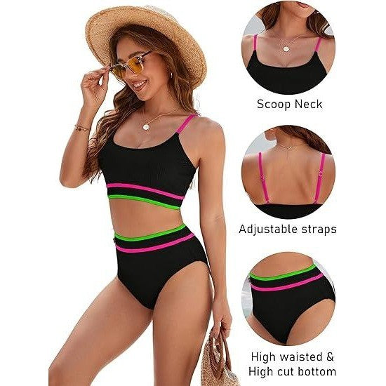 MSRP $43 BMJL Women's Black S High Waisted Bikini Ribbed Two Piece Swimsuit Hi