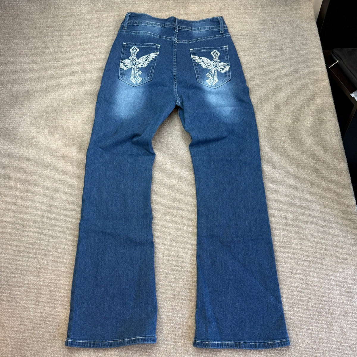 Women's L Blue Bootcut Flare Jeans High Waist Cross Wing Embroidered Back Pocke