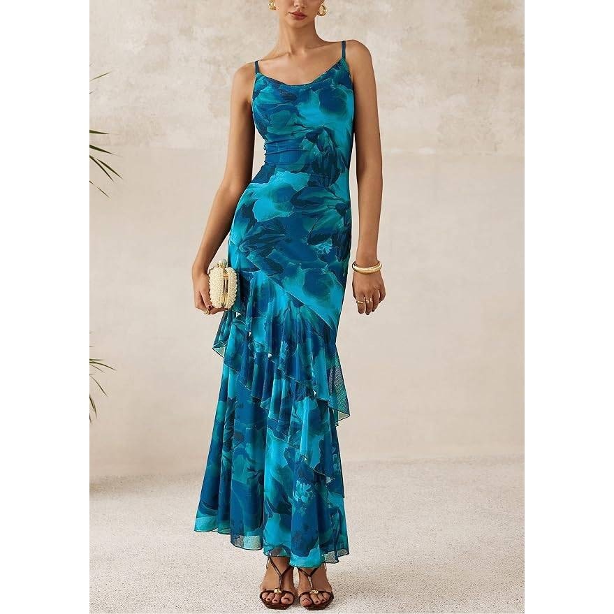 MSRP $61 PRETTYGARDEN Women's XS Boho Floral Tiered Maxi Dress Spaghetti Strap