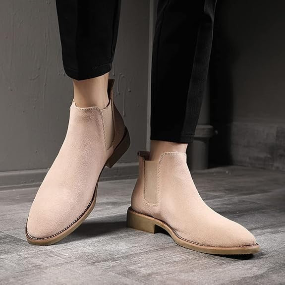 Santimon Men's US 6-6.5 Beige Suede Casual Chelsea Ankle Dress Boots