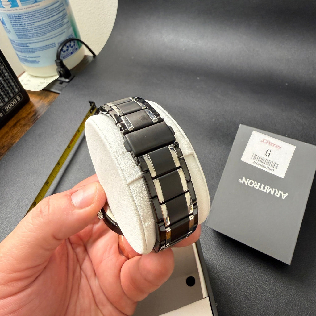 Armitron 20/4935TB Mens Day/Date Black/Silver Tone Bracelet Watch New Battery