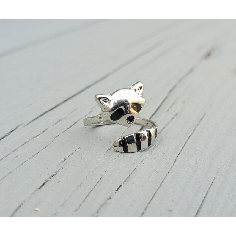 Raccoon Ring Women's Silver Tone Animal Wrap Jewelry Size 9 Adjustable 8-10