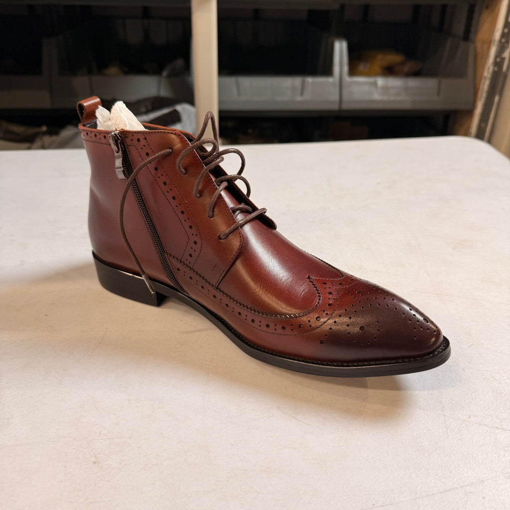 Santimon Men's US 9 Brown Wingtip Pointed Toe Lace Up Ankle Dress Boots Side Zip