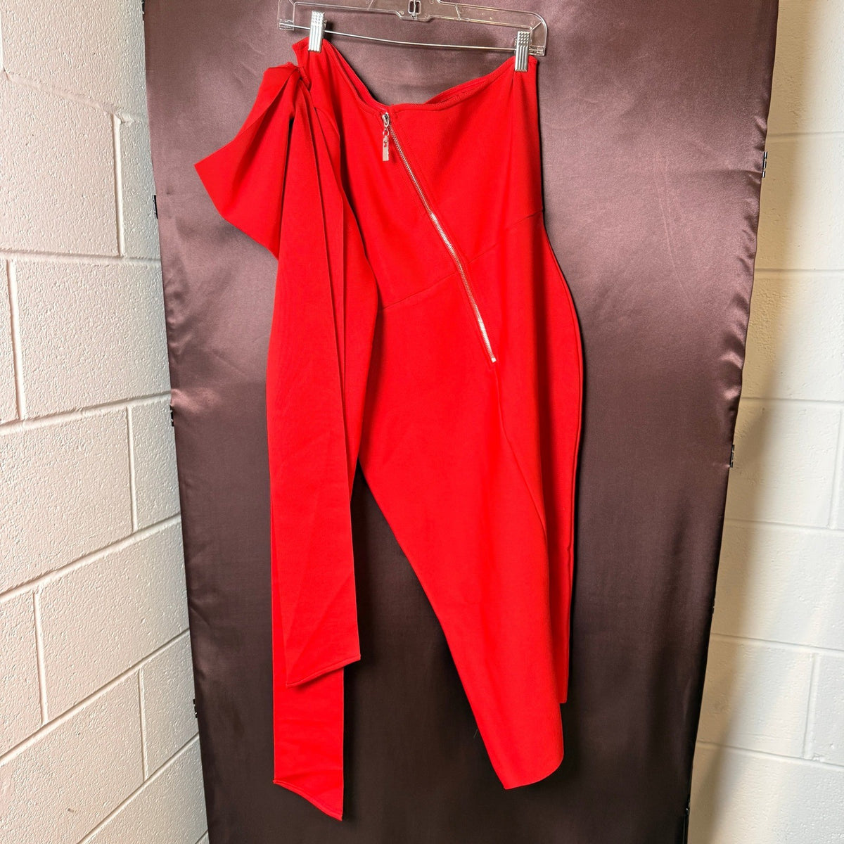 UONBOX Women's XL Red One Shoulder Long Sleeve Bowknot Bodycon Bandage Dress