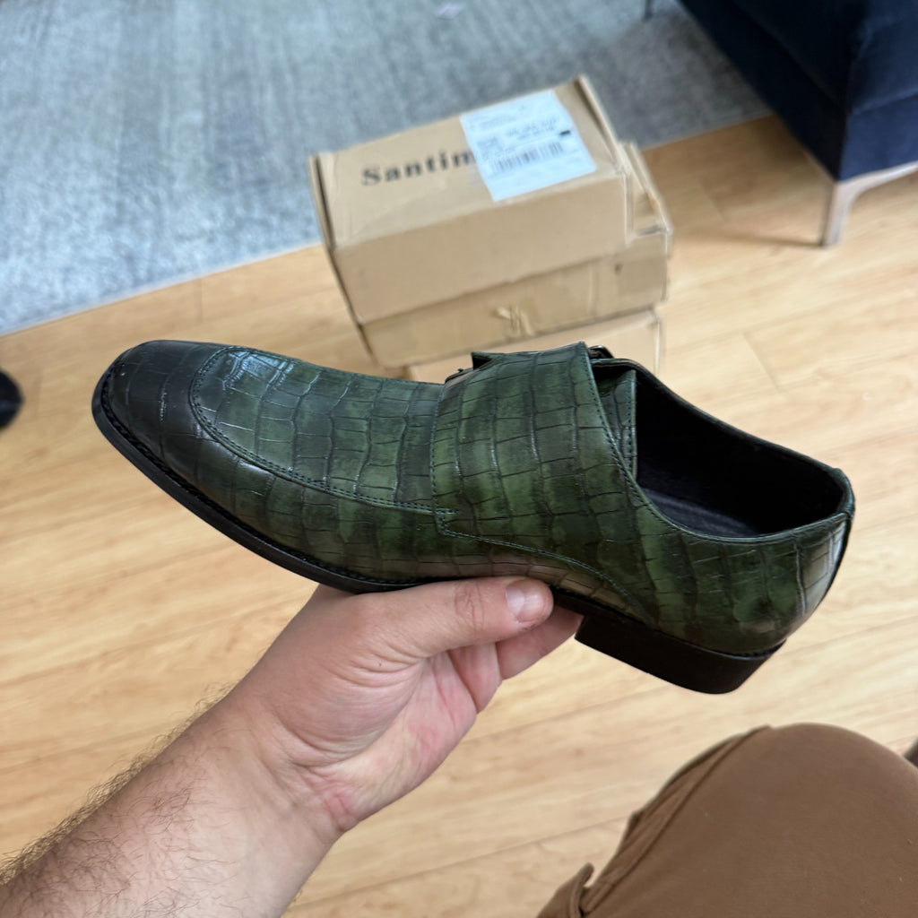 Santimon Men's US 7.5-8 Green Leather Double Monk Strap Slip on Loafer Shoes