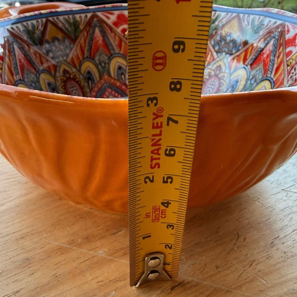 Boho Ceramic Orange Serving Bowl with Handles, Large Porcelain Salad Bowl
