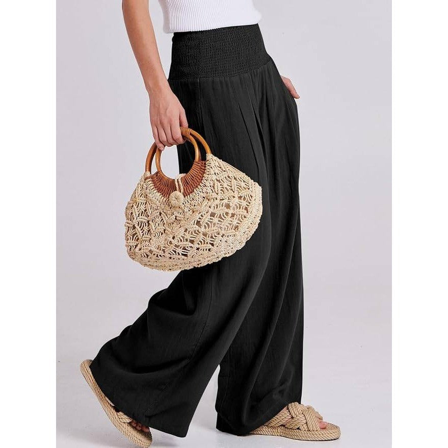 MSRP $36 ANRABESS Women's M Linen Palazzo Wide Leg Pants with Pockets Smocked