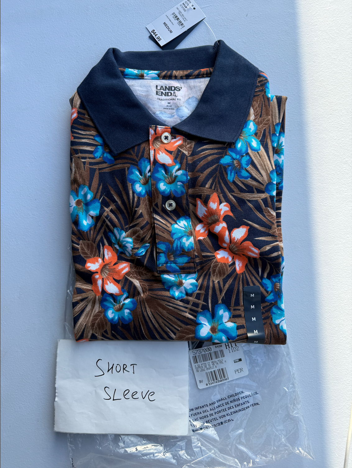 Lands' End M-XL Short Sleeve Hawaiian Men's Polo Shirt Deep Sea Navy Floral Trop