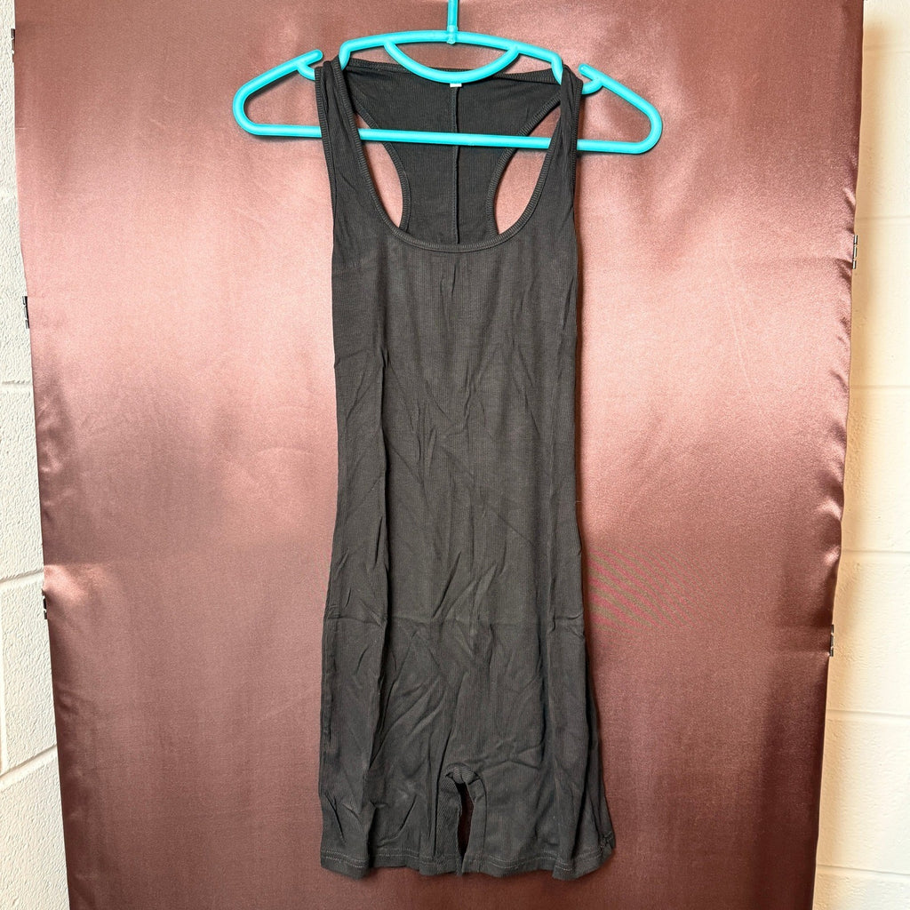 Womens Black S Ribbed Romper Jumpsuit Unitard Bodycon Shorts Racerback Yoga Gym