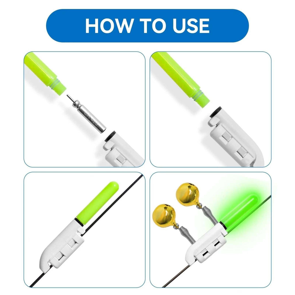 Set of 3 Fishing Rod Tip Lights LED Glow Sticks Bite Alarm Bells Red, Green