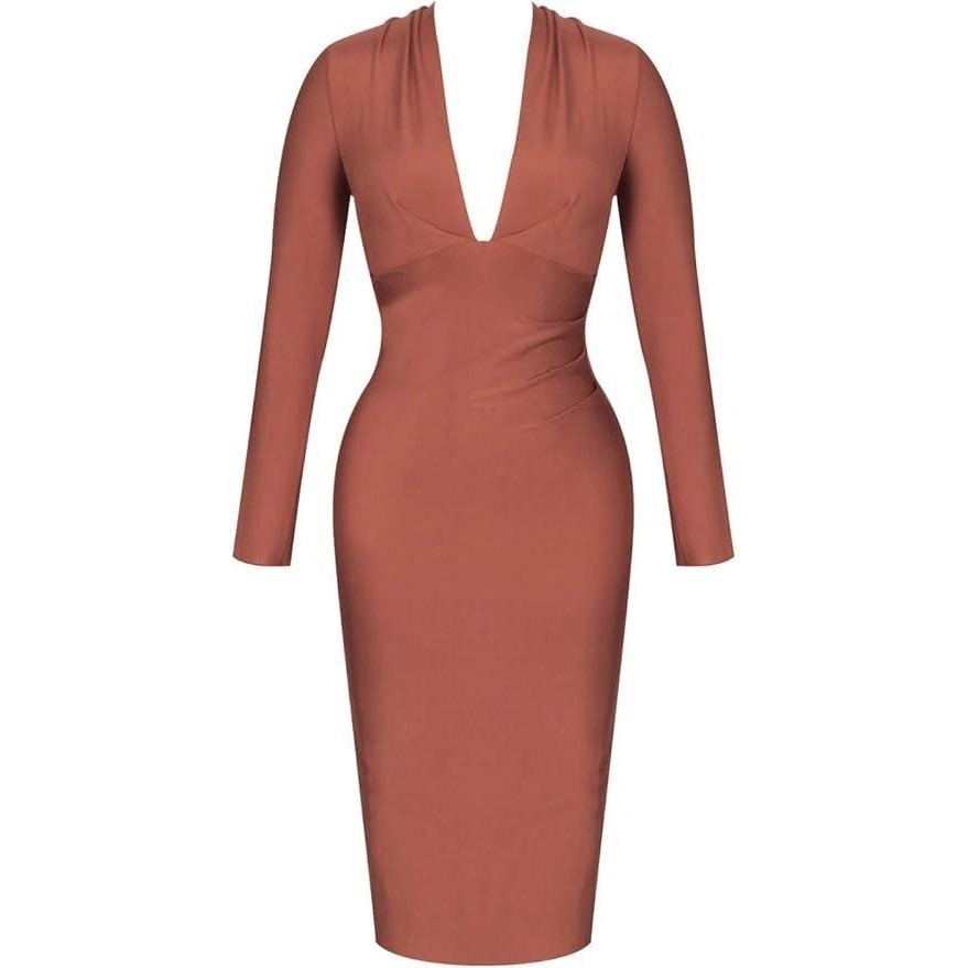 UONBOX Womens M Dress Deep Plunge V Neck Long Sleeves (Real color pic 2) Draped