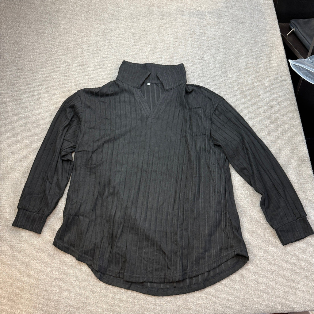 ROSRISS Women's 2XL Black Casual Knit Pullover Split V-Neck Long Sleeve Sweate