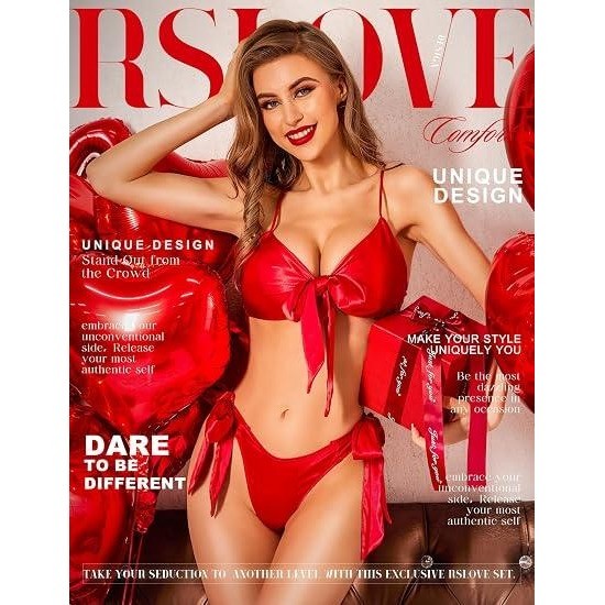 MSRP $36 RSLOVE Women's M Red Two Piece Sexy Lingerie Set Satin Bow Tie Bra