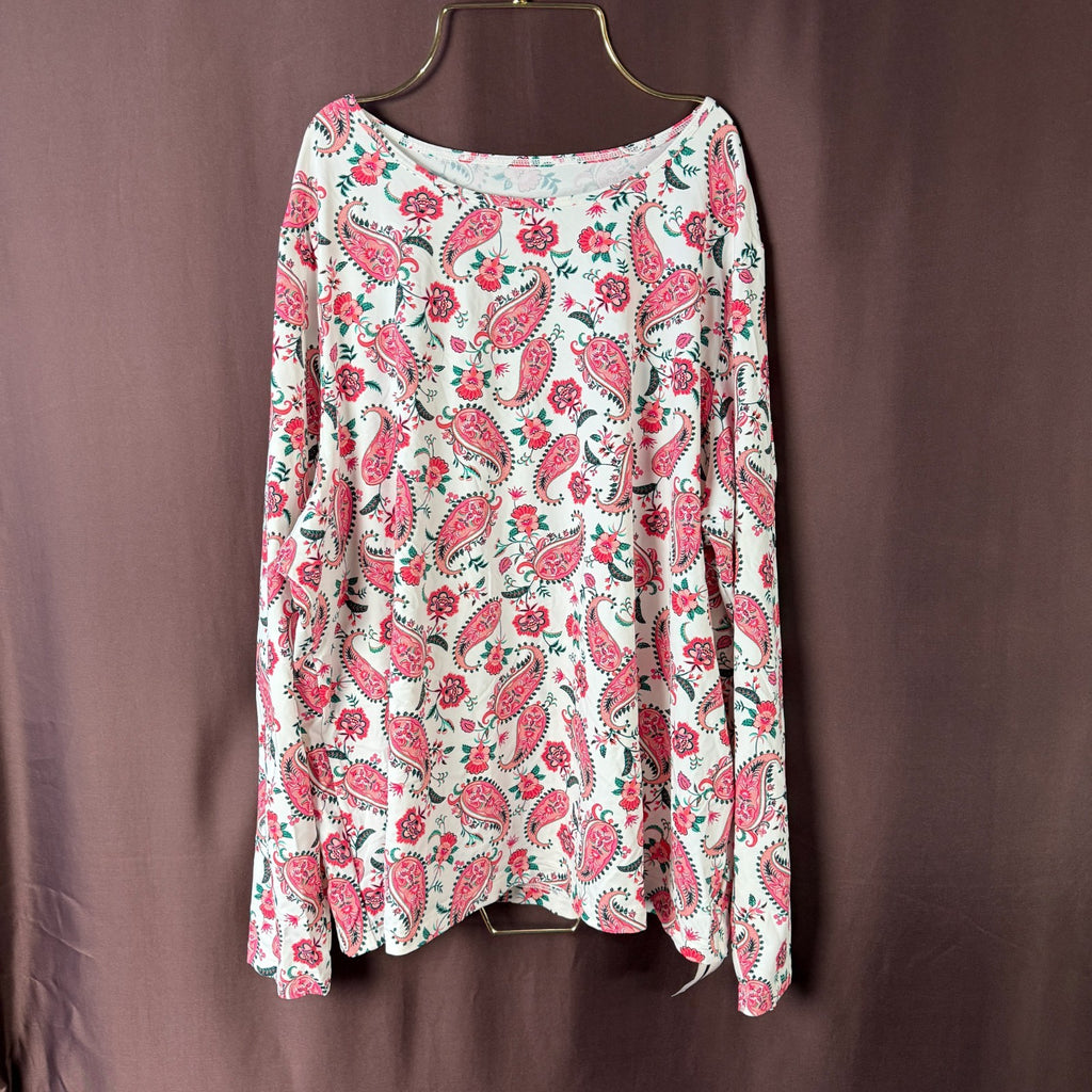 Lands' End Women's M-1X LONG Long Sleeve Rash Guard Swim Tee White Multi Paisley