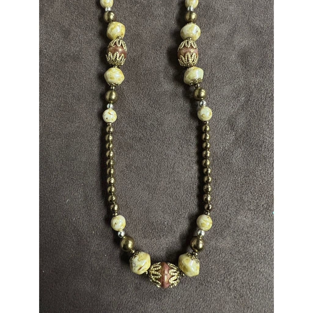 Vintage Czech Necklace Beige Yellow Marble Gold Glass Beads 14"