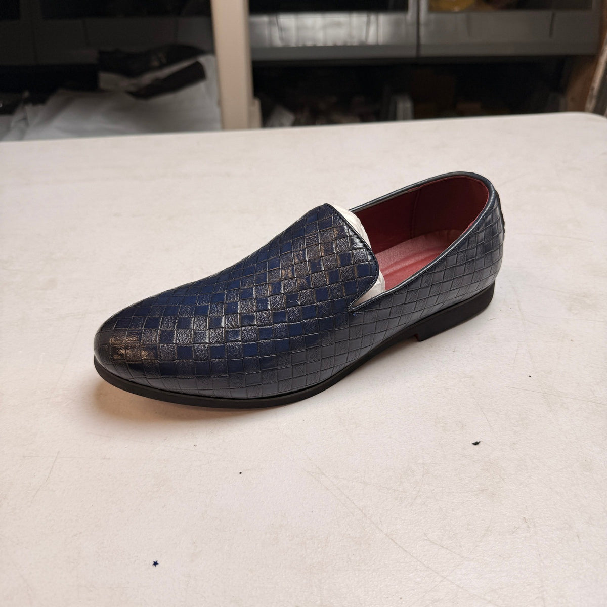 Santimon Men's US 6.5 Blue Woven Moccasin Leather Slip On Smoking Loafers Shoes