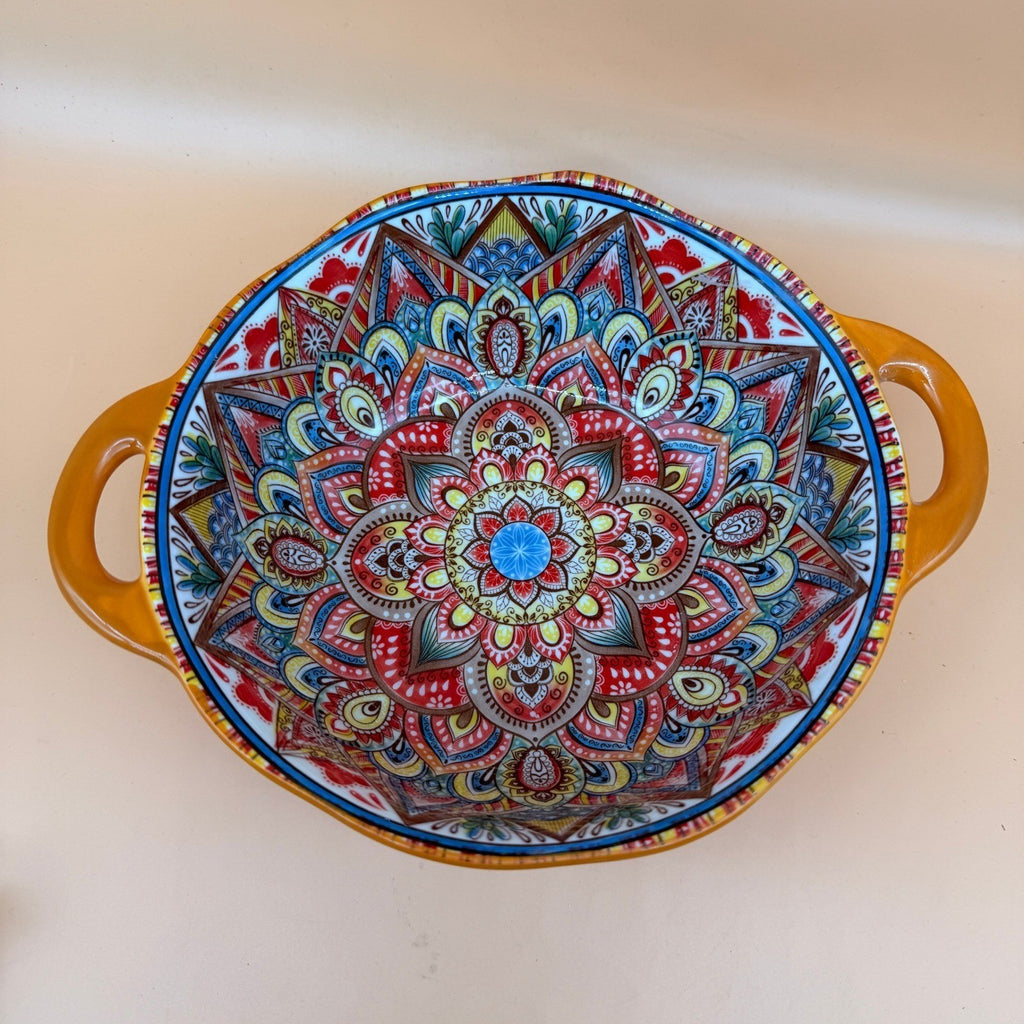 Boho Ceramic Orange Serving Bowl with Handles, Large Porcelain Salad Bowl
