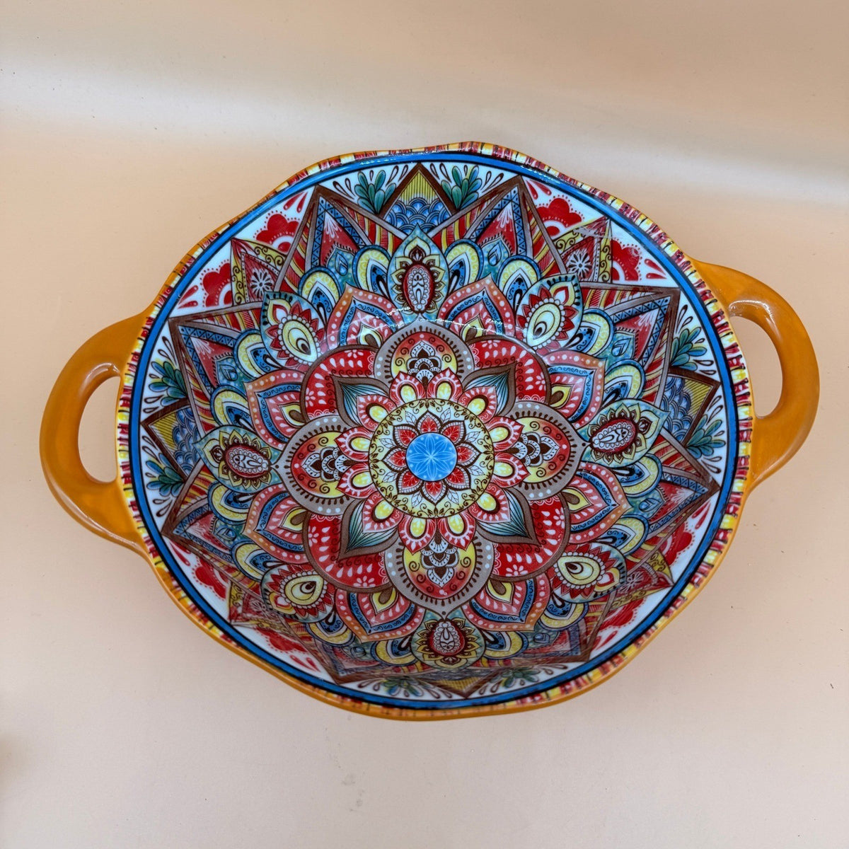 Boho Ceramic Orange Serving Bowl with Handles, Large Porcelain Salad Bowl