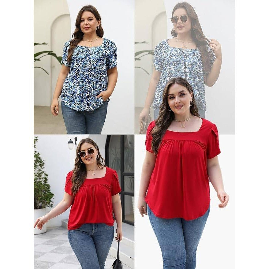 VISLILY Women's 4XL Petal Short Sleeve T-Shirt Square Neck Top Blouse Flowy Pl