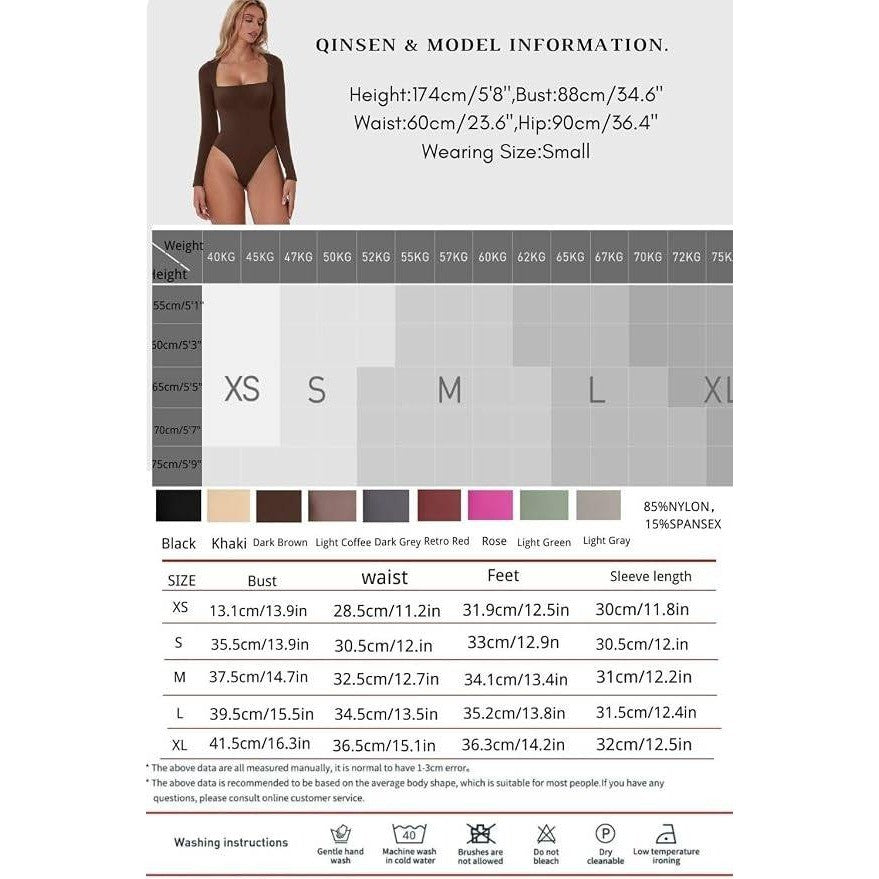 MSRP $28 QINSEN Women's XS Sexy Square Neck Bodysuit Long Sleeve Double Lined