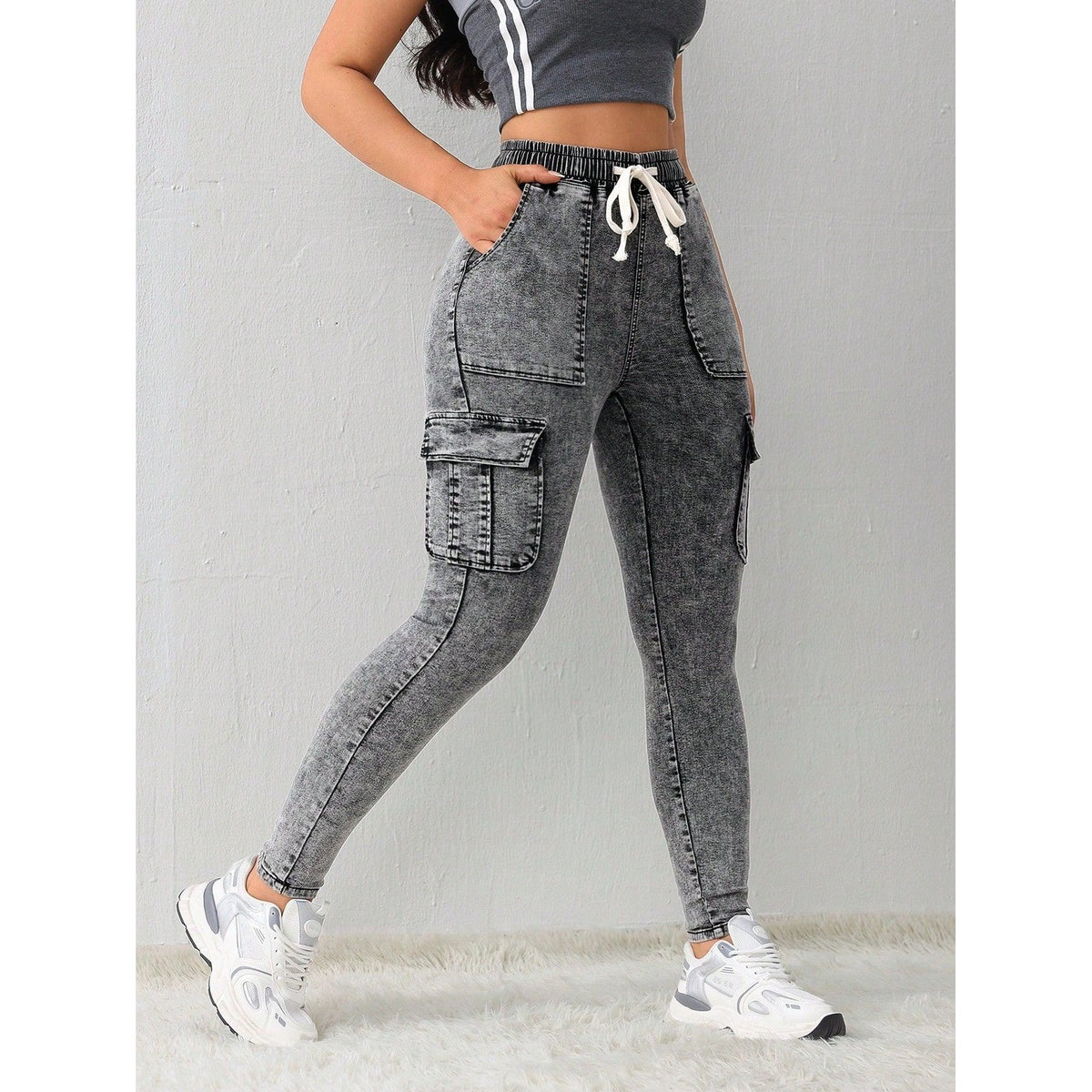 SHEIN Women's S Tall Washed Gray Thermal Fleece Lined Cargo Jeans Winter Stretc