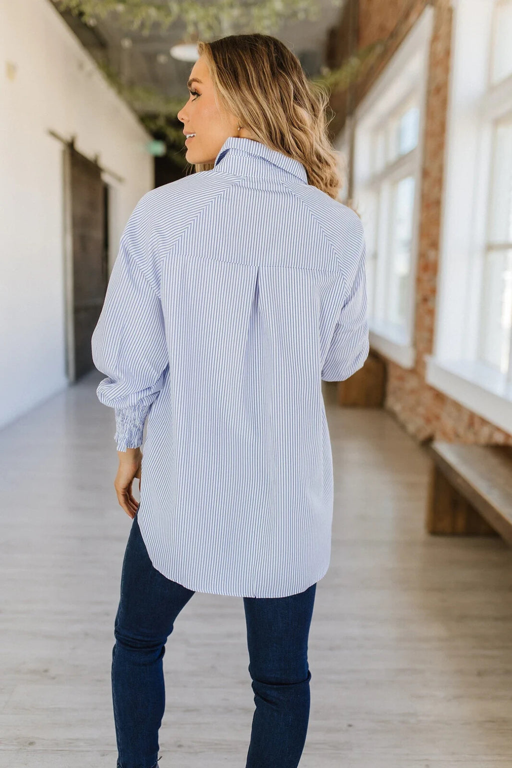 Women's Smocked Cuffed Striped Boyfriend Shirt with Pocket Casual Collar Long Sl