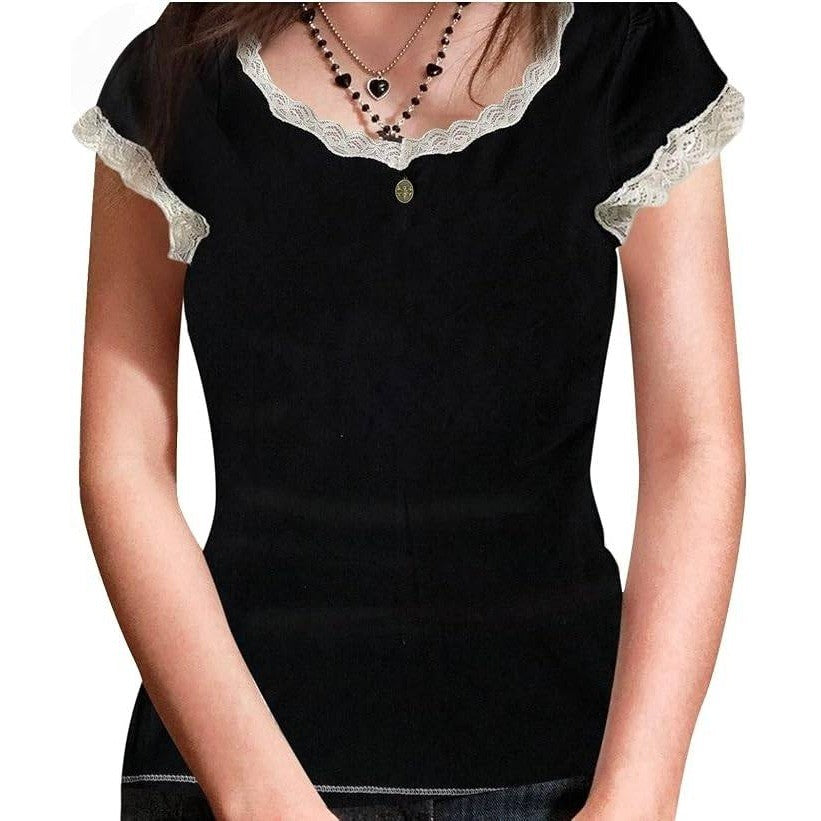 MSRP $23 Aopwsrlyi Women's L Y2k Fairy Grunge Shirt See Through Square Neck Lace