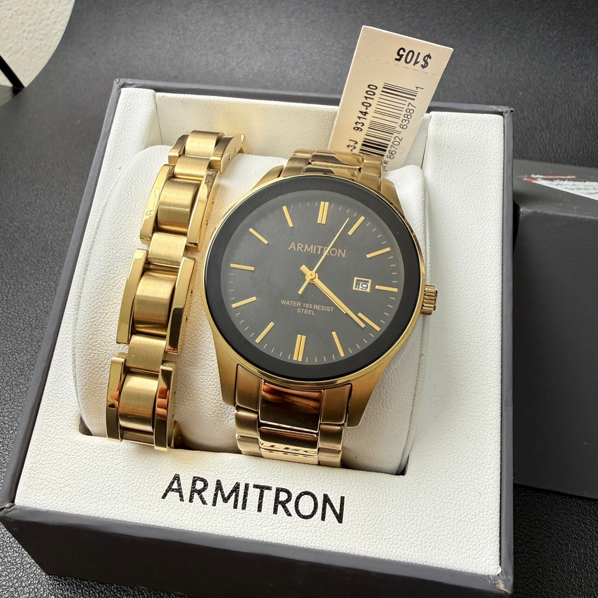 MSRP $105 Armitron 20/5374GP Men's Gold Tone Watch and Bracelet Set New Battery