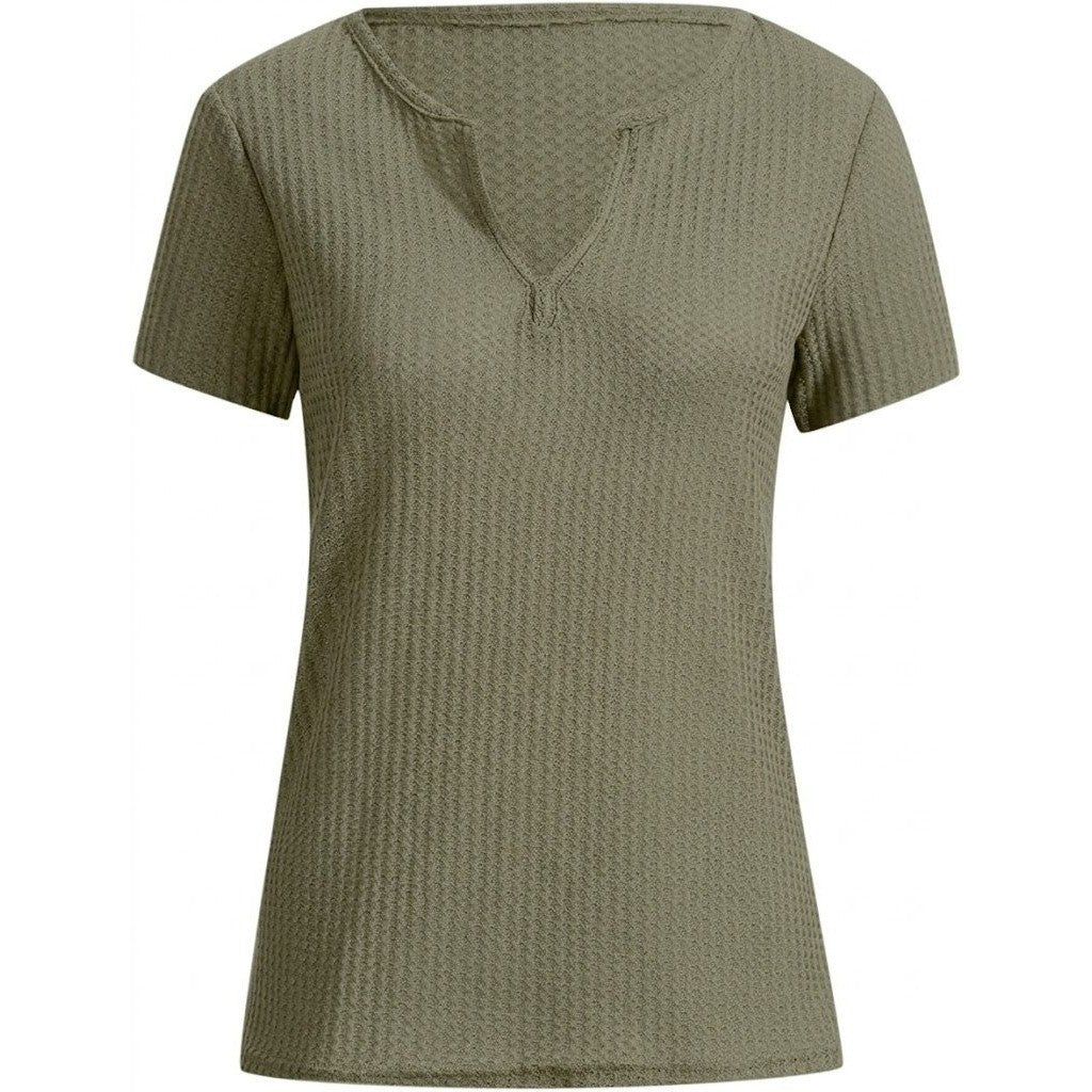 Women's L Olive Green Waffle Knit Top Short Sleeve Notch V-Neck Casual T-Shirt