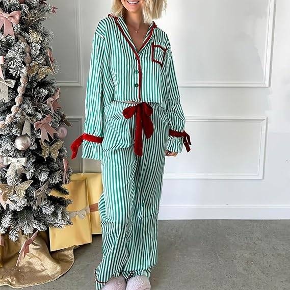 MSRP $39 VFURYGD Women's S Green Stripe Print Two Piece Pajamas Set Long
