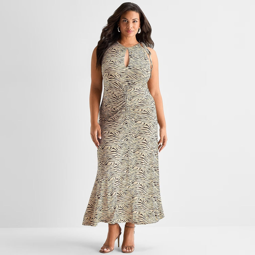 MSRP $90 Ashley Graham Womens 0X Zebra Mini Keyhole Neck Sleeveless Maxi Dress