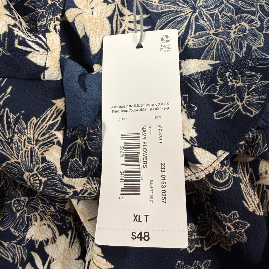 MSRP $48 Liz Claiborne Womens XL Tall Navy Flowers Short Sleeve Blouse U Neck