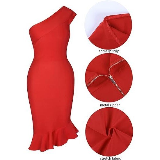 UONBOX Women's XS Red One Shoulder Sleeveless Bodycon Dress Midi Mermaid Banda