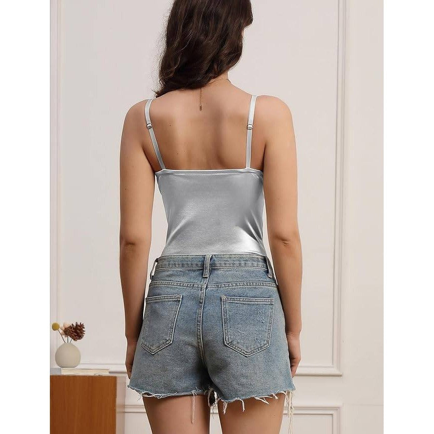 MSRP $31 Velius Women's L Sexy Silver Metallic Shiny Bodysuit Tank Top for Night