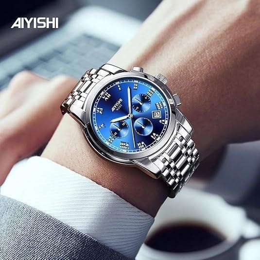 Dofia Xiaoya Aiyishi 9101 Men's Silver Stainless Steel Quartz Watch Blue Dial