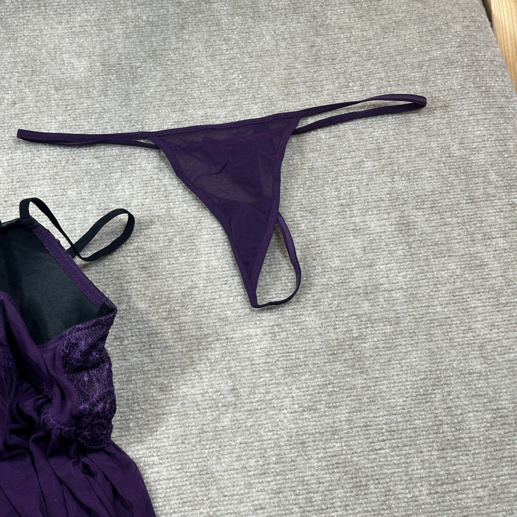 NWT Dreamgirl 11020X Womens 1X Plum Stretch Mesh and Lace Babydoll w/ G-String