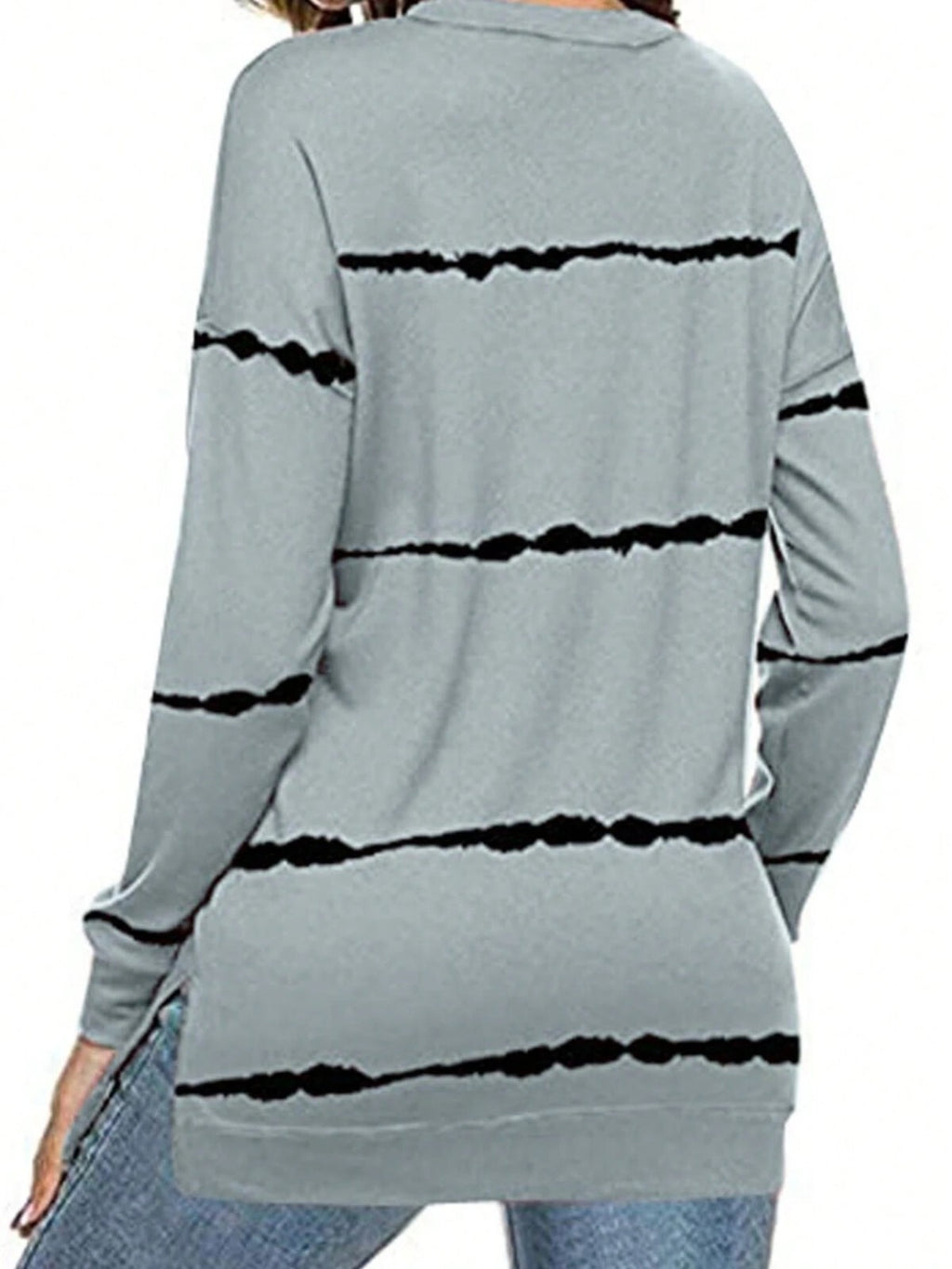 Women's Fall Fashion Long Sleeve Crewneck Sweatshirt Stripe Print Loose Tops Gre