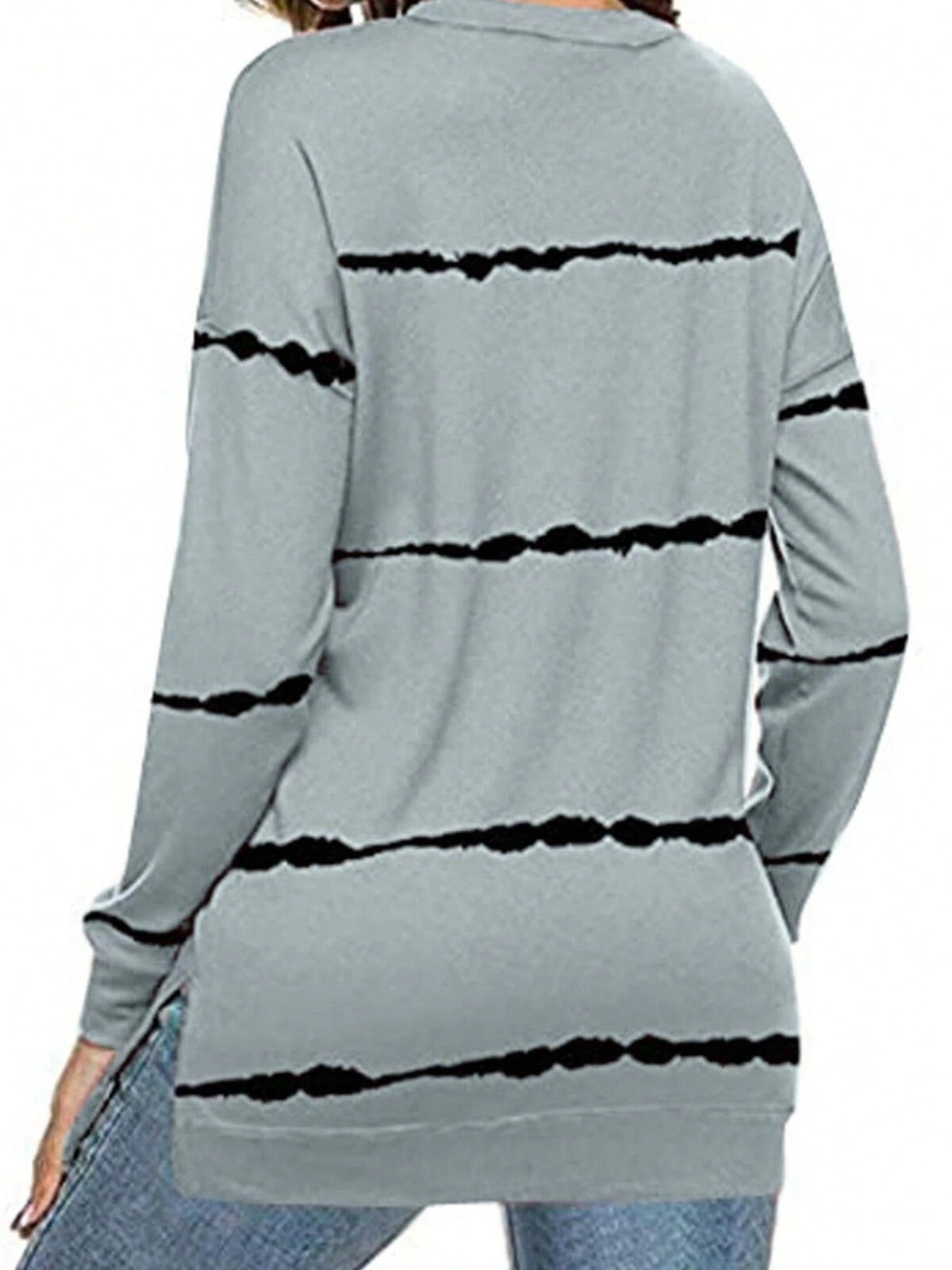 Women's Fall Fashion Long Sleeve Crewneck Sweatshirt Stripe Print Loose Tops Gre