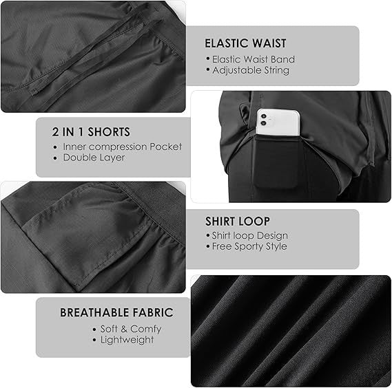 NIMOJIRO Men's M Dark Gray 2 in 1 Running Shorts Workout Athletic Training Gym O