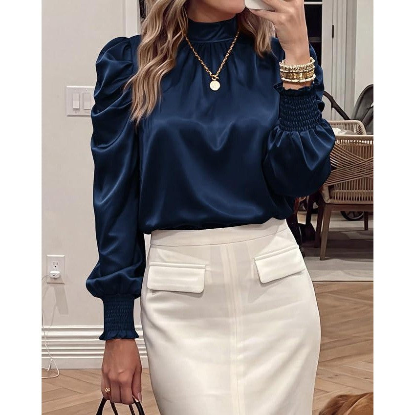 MSRP $23 BTFBM Women's XL Navy High Neck Long Sleeve Satin Blouse Dressy Puff