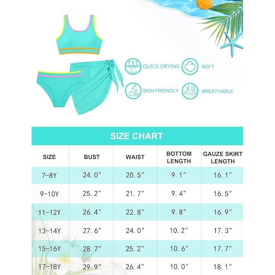 MSRP $32 Girls 11-12Y 3 Piece Swimsuit Set Double Strap High Waist Sporty Bikin