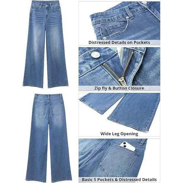 MSRP $52 GRAPENT Women's L Cool Blue Wide Leg Jeans Trendy High Waisted Stretch