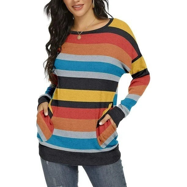 JuneFish Women's 18W Striped Long Sleeve Shirt Casual Top Loose Tunic