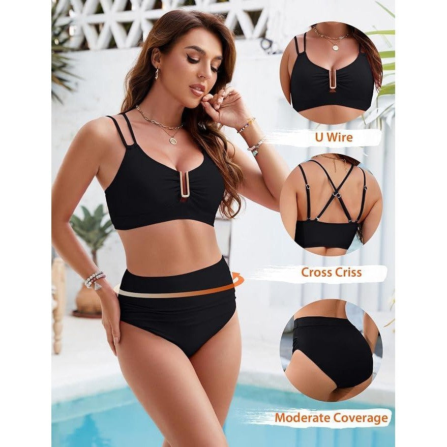 MSRP $35 BMJL Women's S Black High Waisted Bikini Set Tummy Control Swimsuit