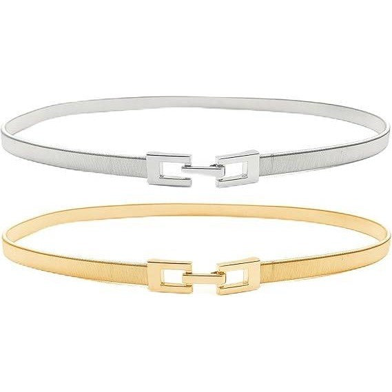Set of 2 MSRP $26 Tanpie Women's M Skinny Waist Belt Gold & Silver Tone Elasti